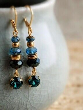Green Emerald And Green Glass in Drop Down Gold Plated Earrings